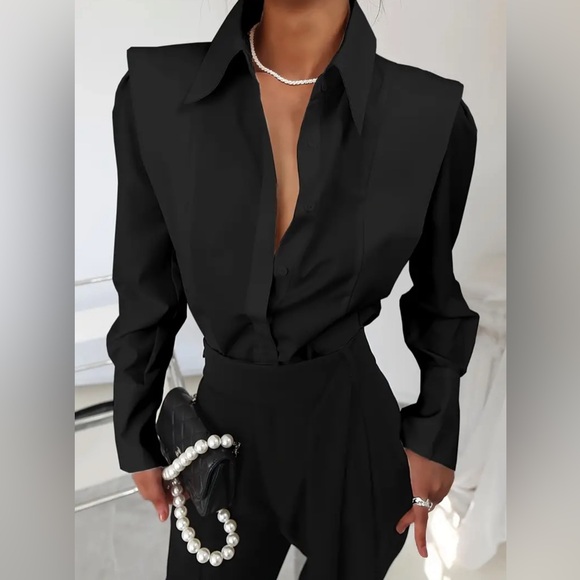 Passion of Essence Tops - Black Elegant Solid Button Front Shirt - Flattering Lapel